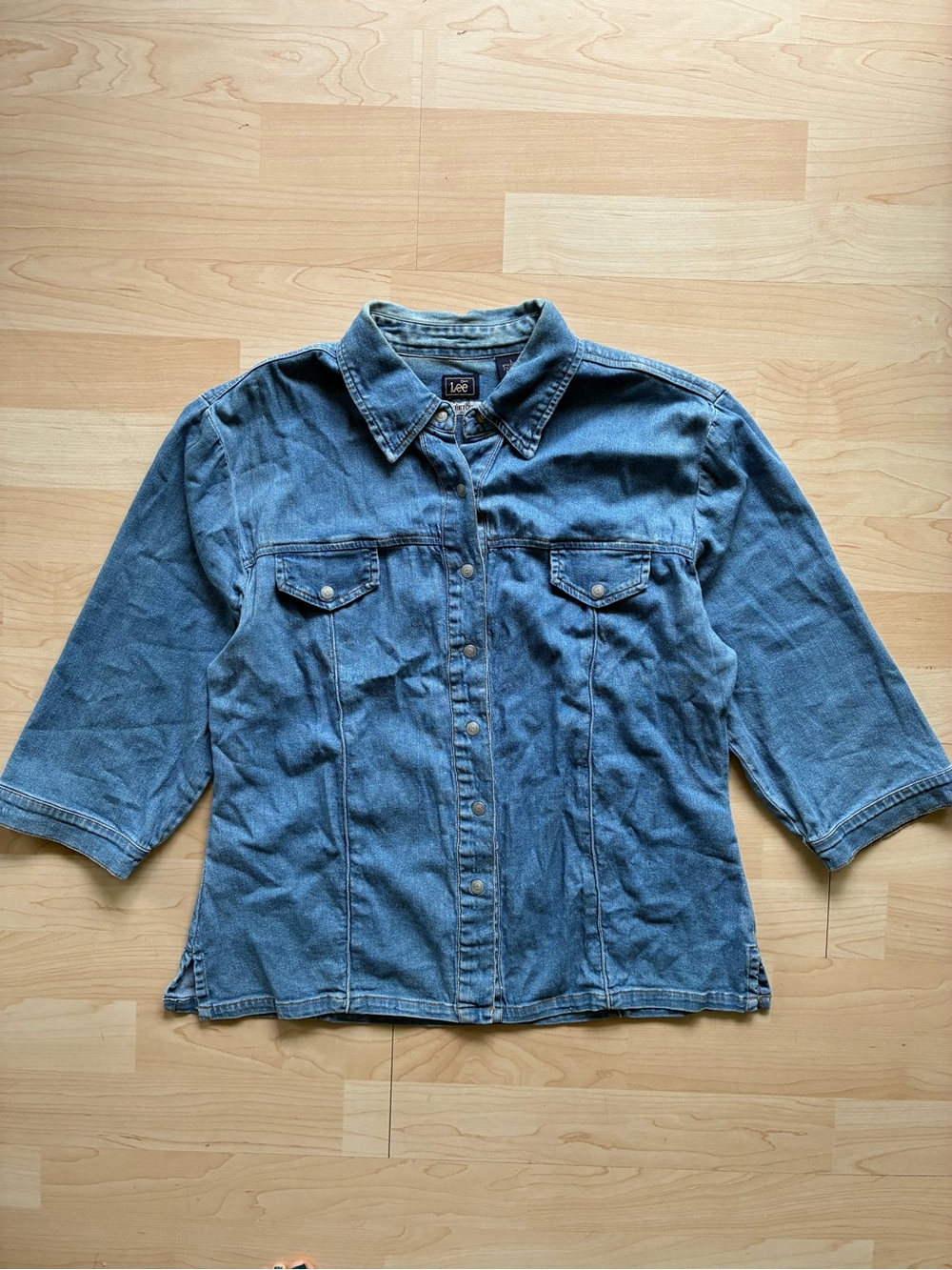 Lee Blue Denim y2k Stretch Collared Button-Up Shirt Solid Casual 3/4 Sleeve L